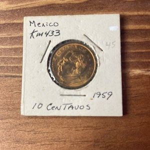 Mexico 10 Centavos 1959 Copper KM#433. 
National arms, eagle left, Bust left